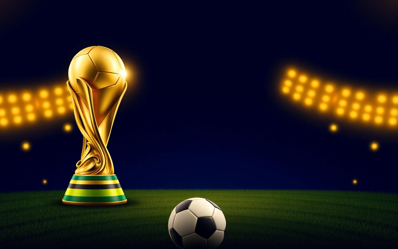 Golden world cup trophy on a floodlit pitch